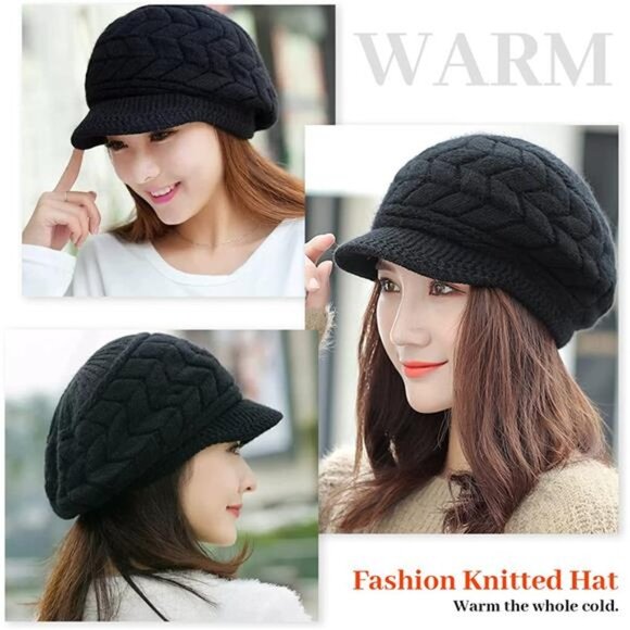 Women\'s 2 Piece Fleece Lined Snow Ski Caps Slouchy Winter Hat with Visor main image 7